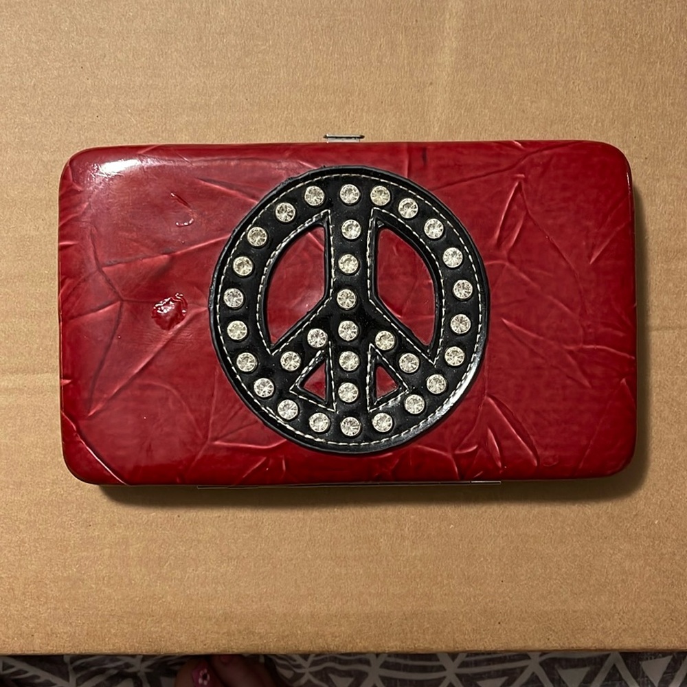 Retro Faux Red Rhinestone Peace Design Thin Card Coin Wallet